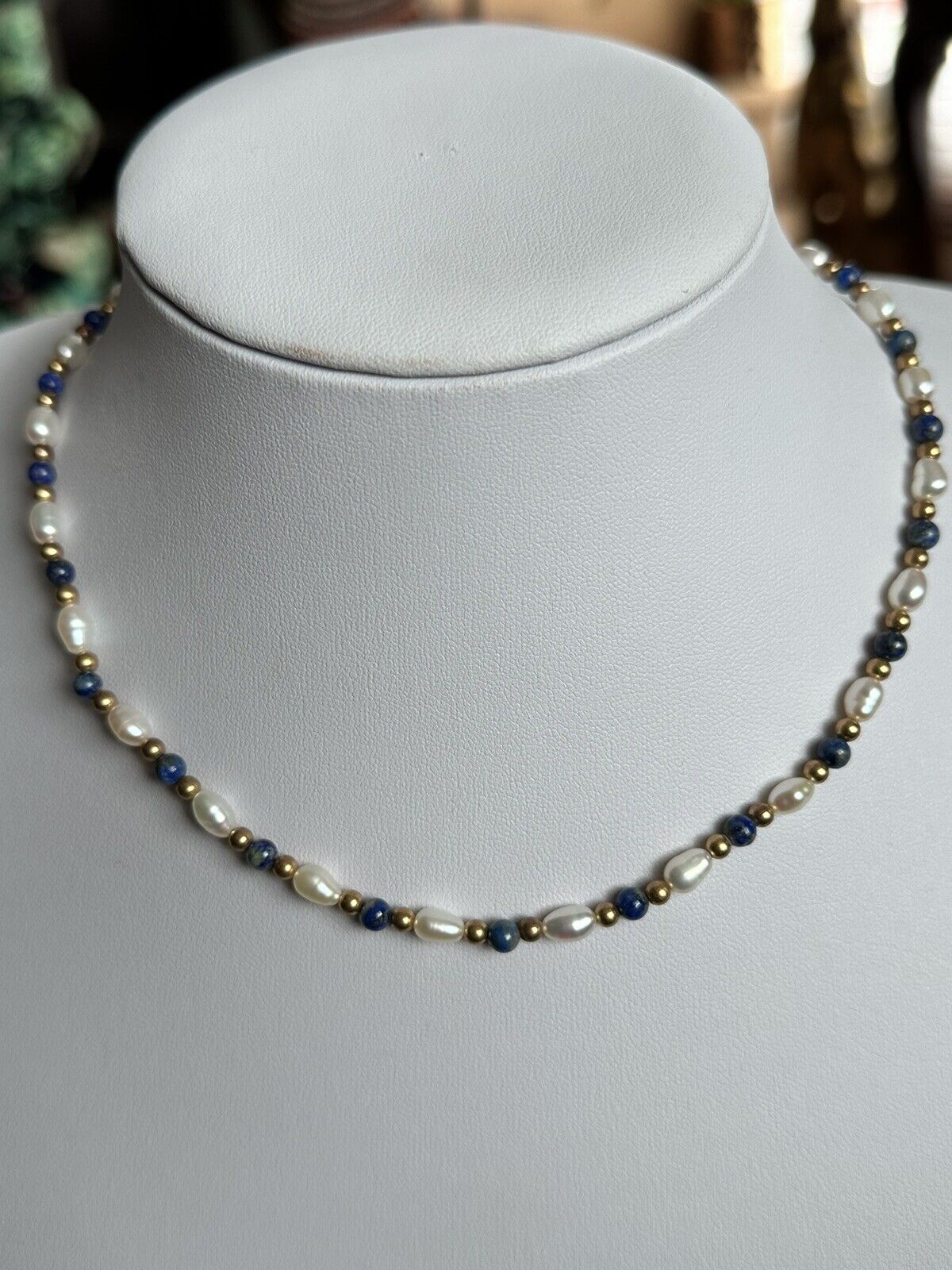 Vintage 1980s Gold Plated Pearl Lapis Lazuli Beaded Necklace