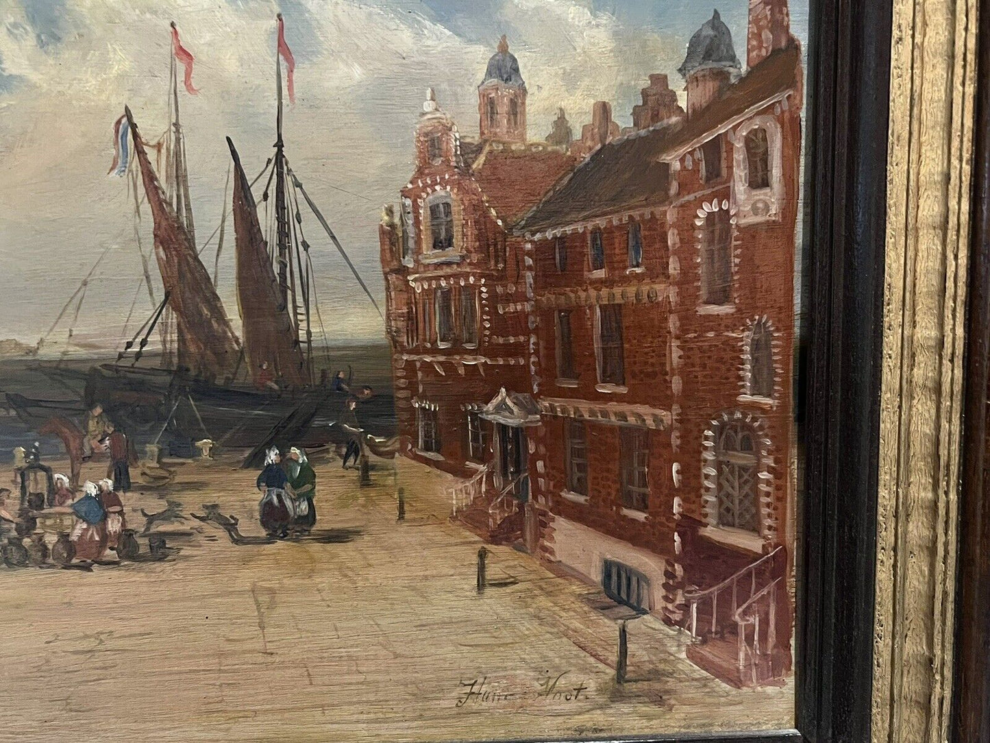 Antique Dutch Canal Scene Oil Painting, Signed F Knot In Frame