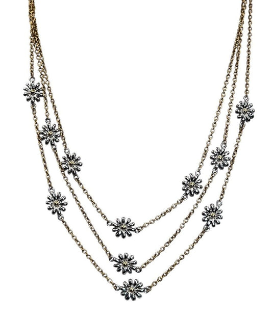 Vintage Gold And Rhodium Plated Daisy Flower Multi Strand Necklace