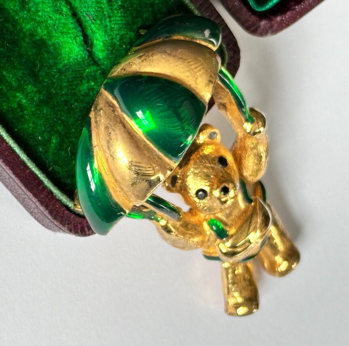 Vintage Gold Plated Green Enamel Teddy Bear Brooch