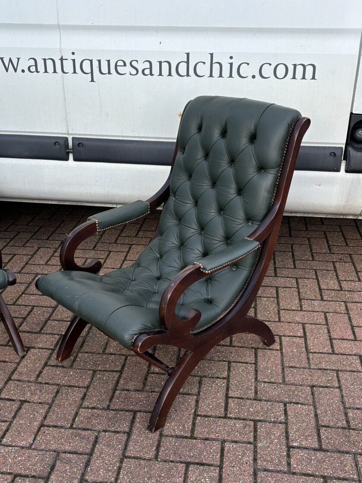 Pair Of Green Leather Buttoned Back Armchairs. Slipper Chairs/ Reading Chairs