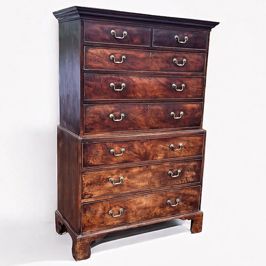 Georgian Mahogany Chest On Chest. Original Brass Handles, Bracket Feet.