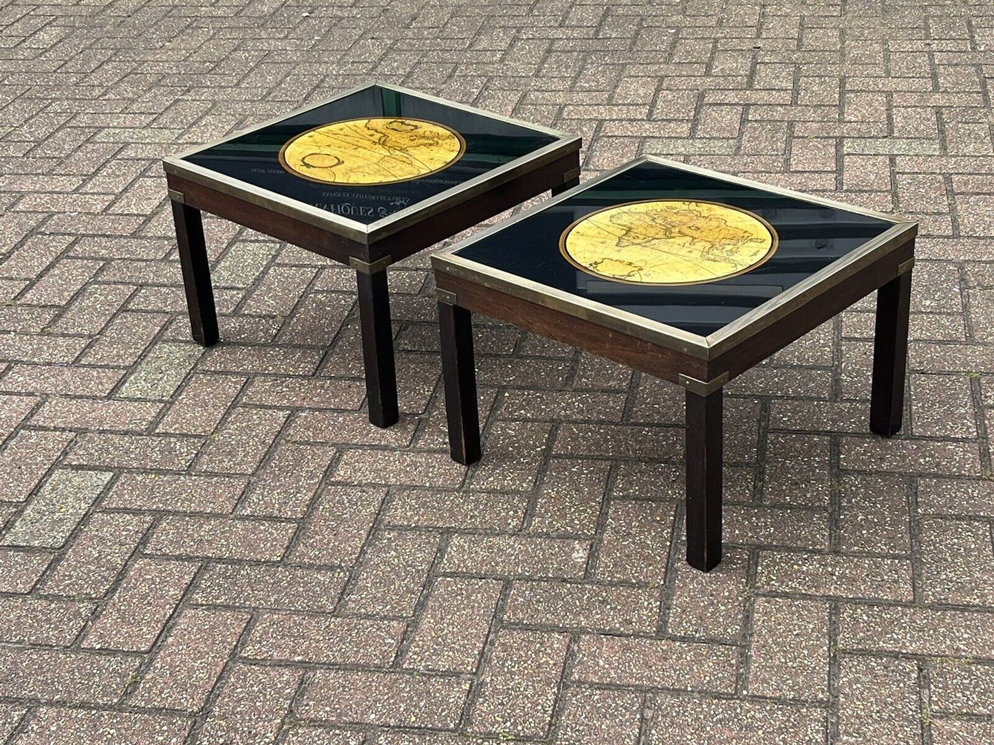 Pair Of Military Style Brass Bound Map Coffee Tables, Lamp Tables, Side Tables