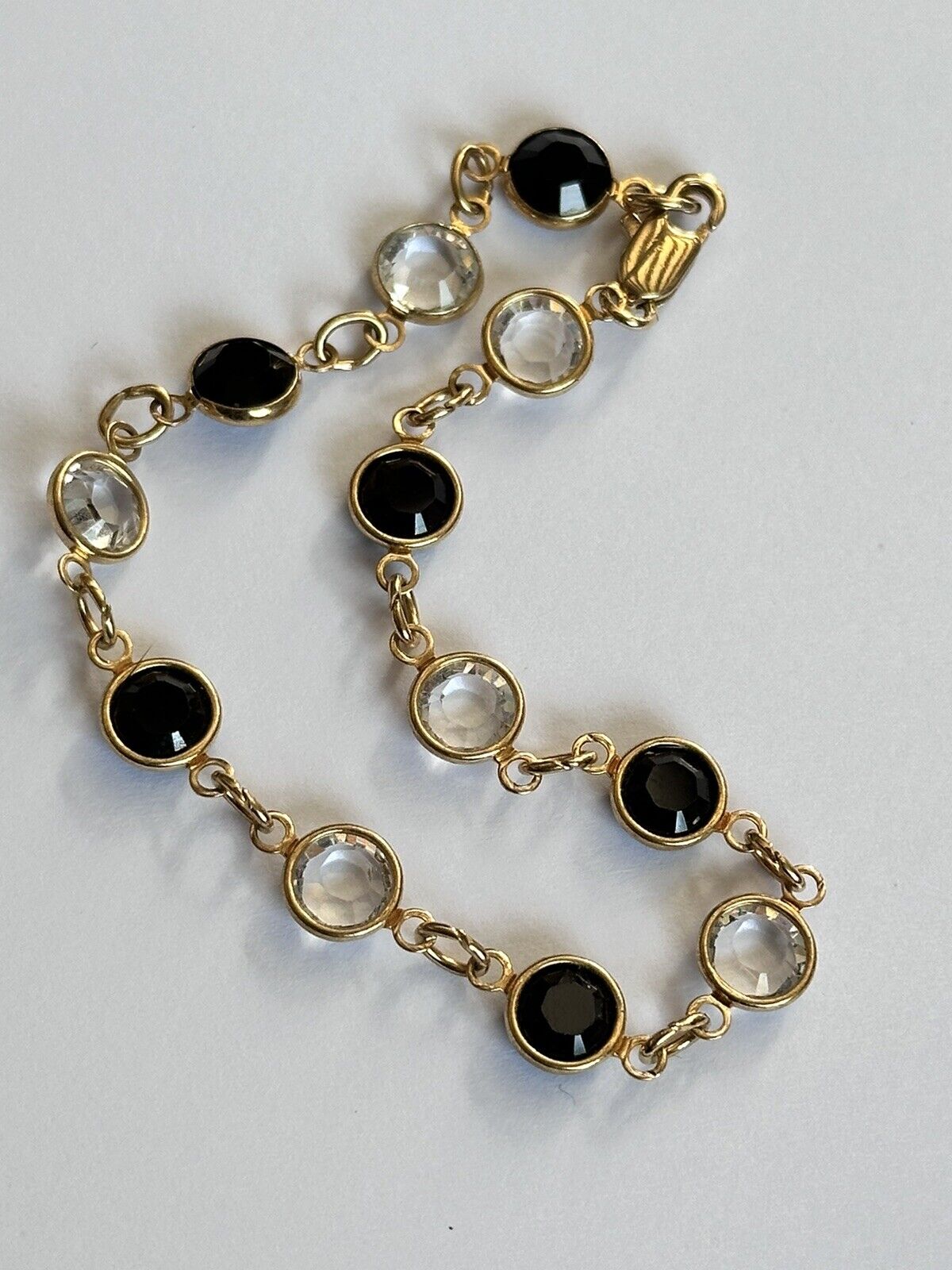 Vintage Gold Tone Bezel Set Black Clear Crystal Bracelet