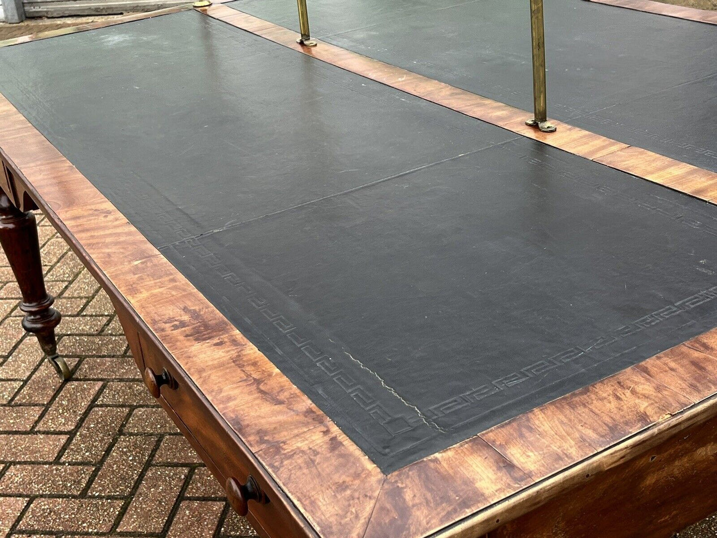 Victorian Mahogany Library Partners Desk. Original Brass Privacy Rail, 4 Drawers