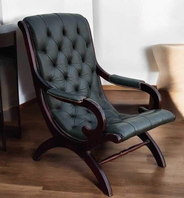 Pair Of Green Leather Buttoned Back Armchairs. Slipper Chairs/ Reading Chairs