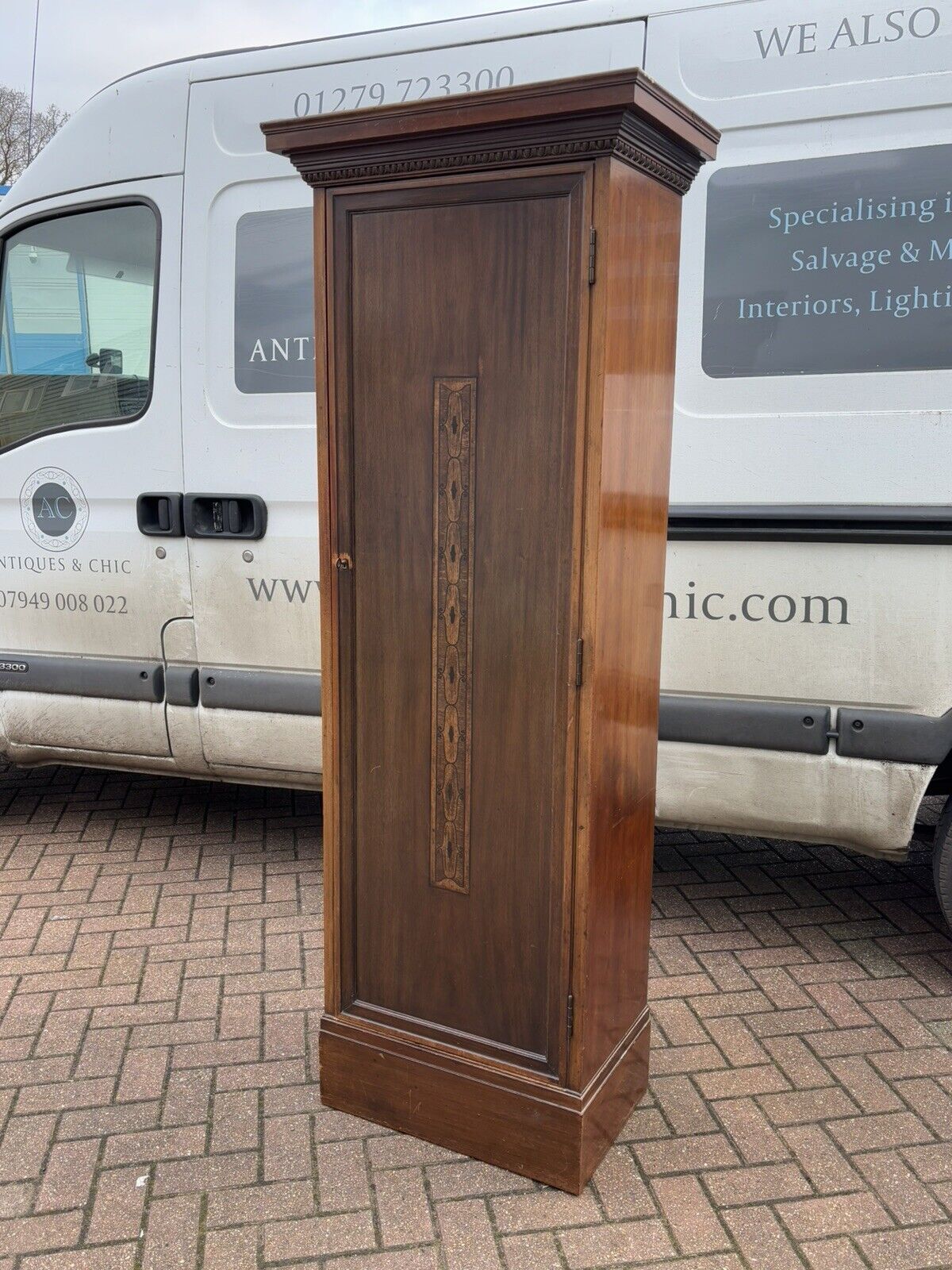 1920's Inlaid Mahogany Slim Storage Cupboards, Adjustable Shelves, Drawer, Key