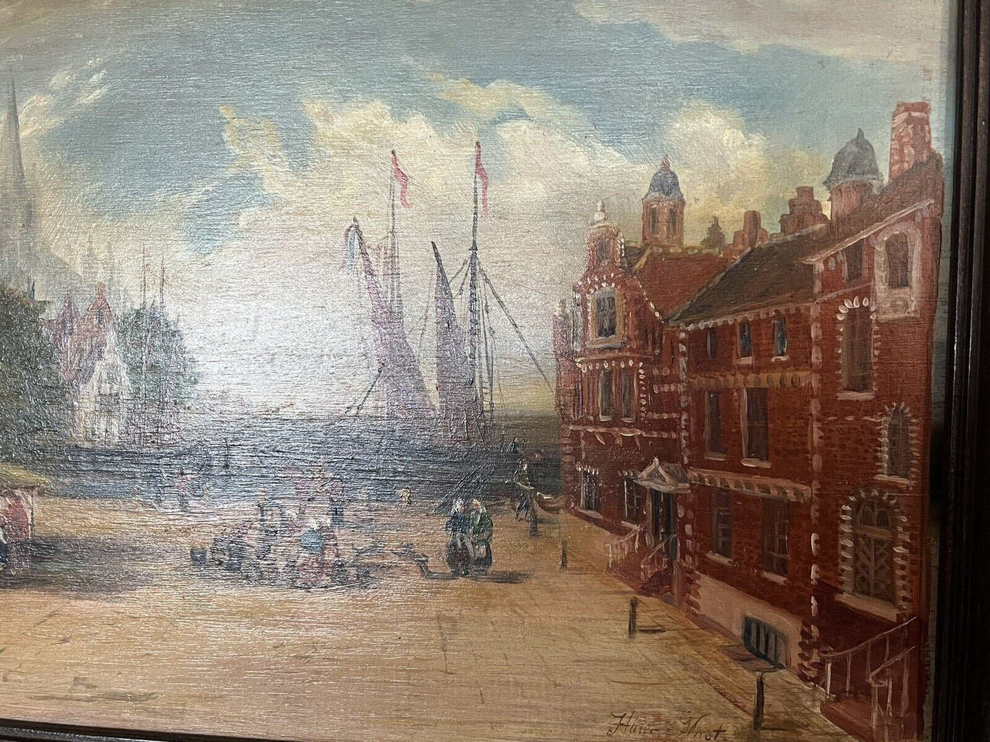 Antique Dutch Canal Scene Oil Painting, Signed F Knot In Frame