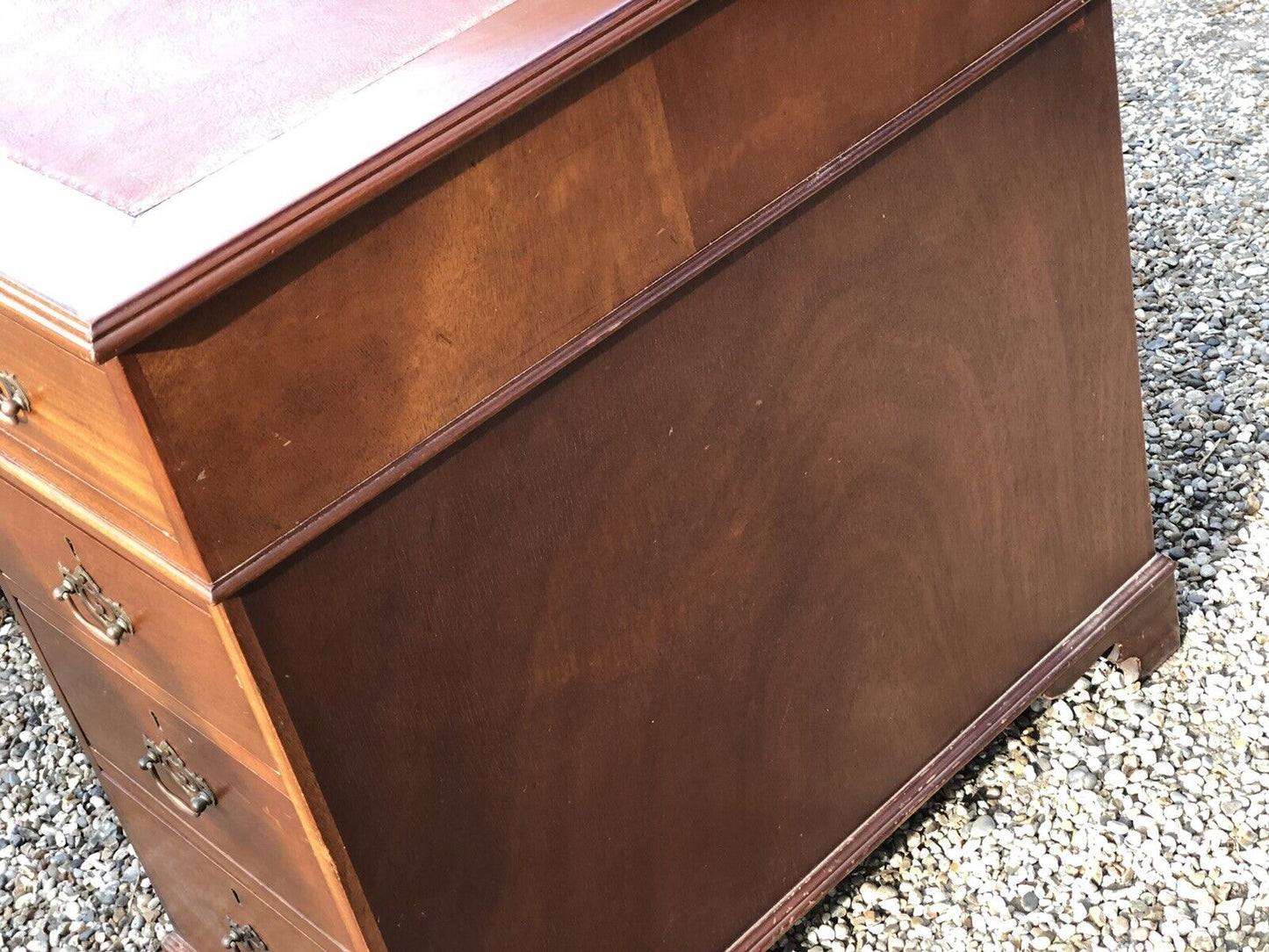 Pedestal Desk With Red Leather Top. Brass Handles.