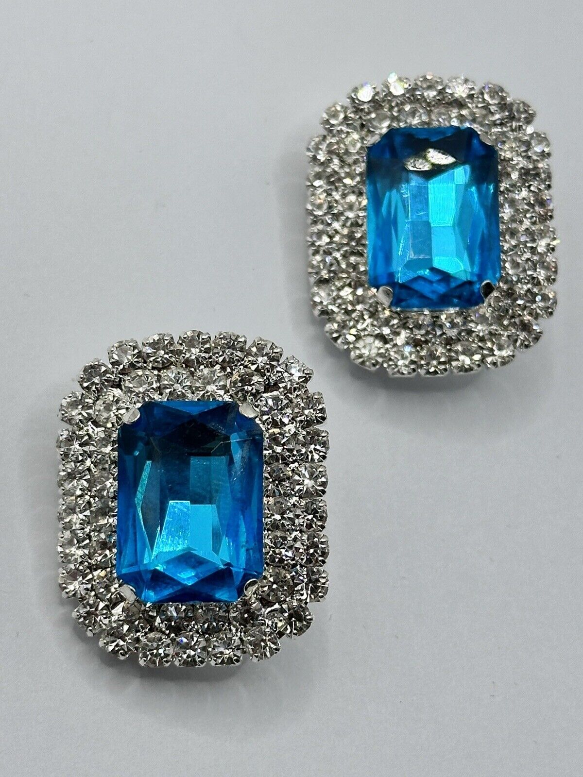 Vintage Silver Tone Blue Diamanté Statement Clip On Earrings