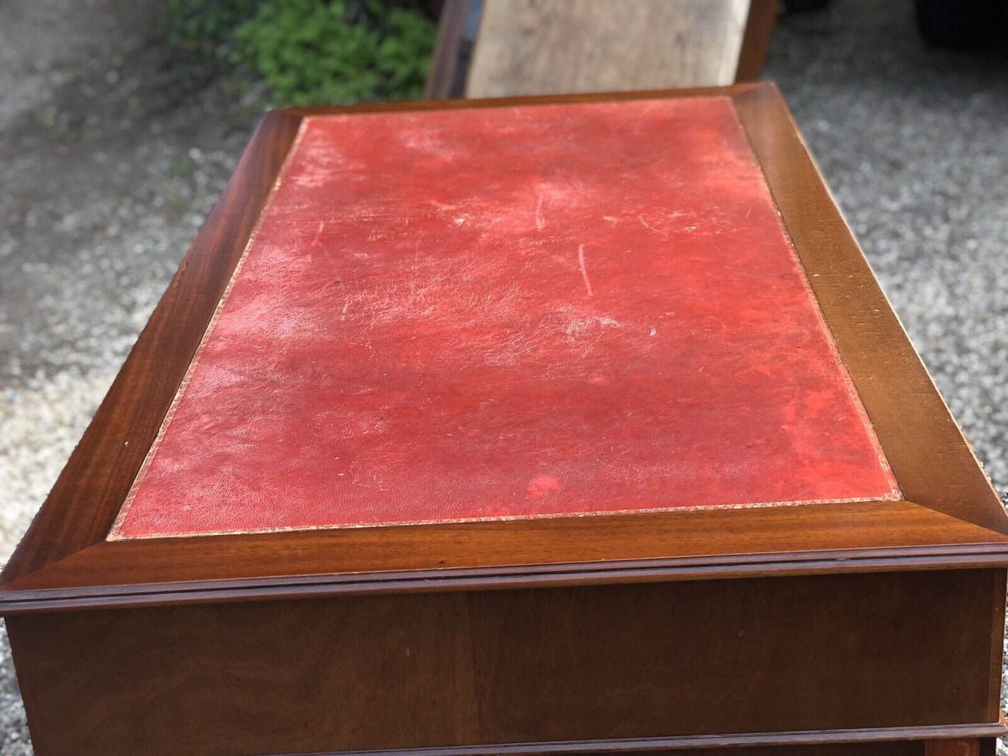 Pedestal Desk With Red Leather Top. Brass Handles.