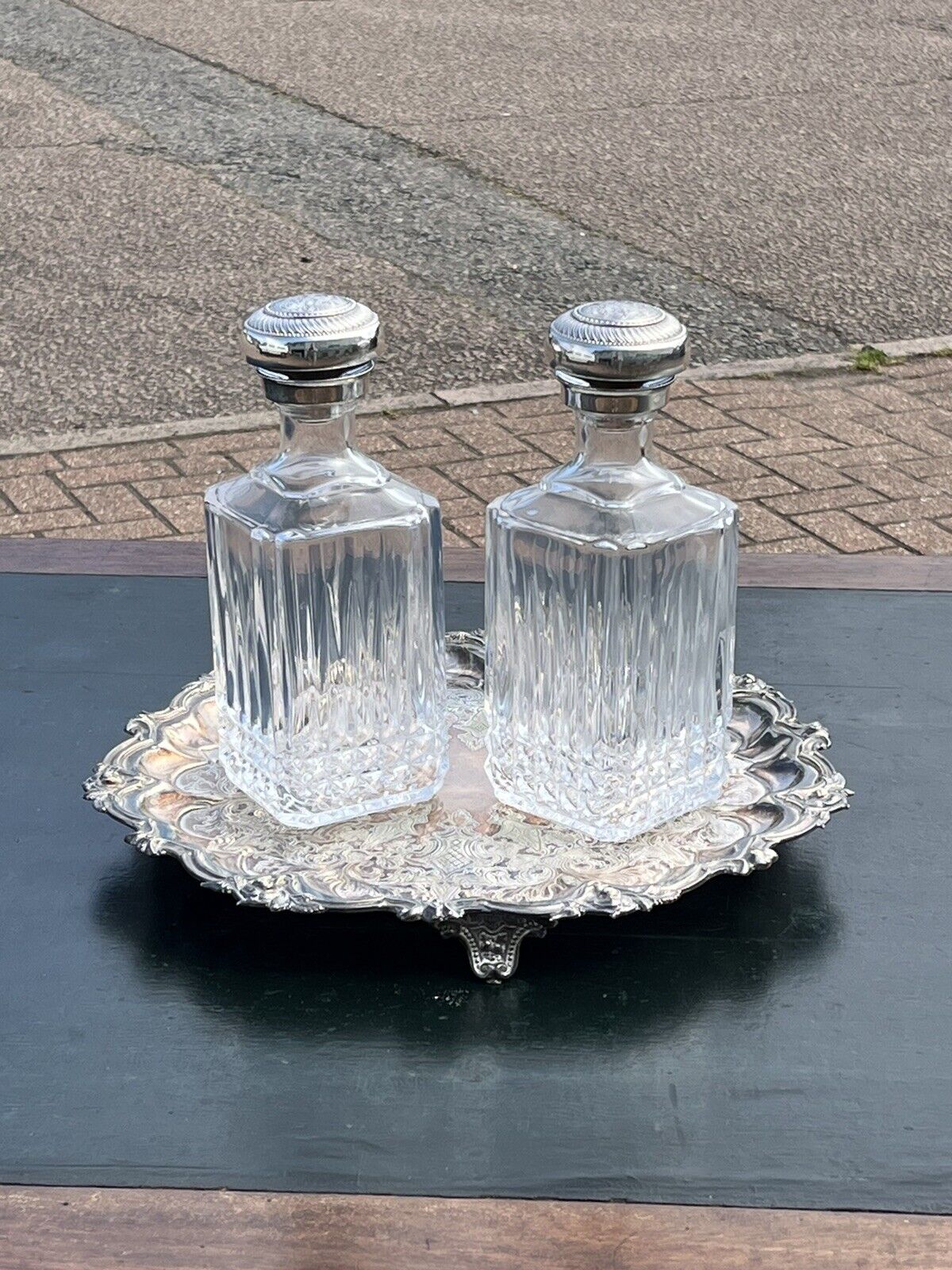 Pair Of Large & Heavy Glass Decanters With Silver Plate Decoration With Tray