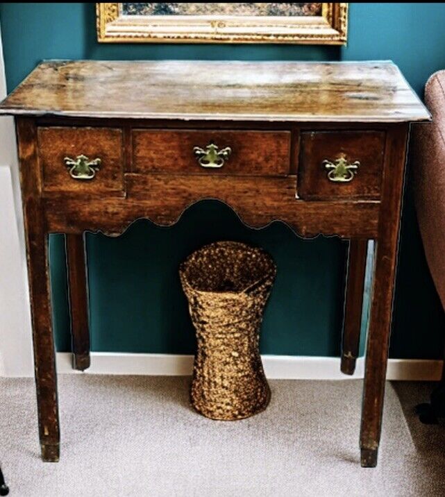 Early Georgian Oak Lowboy With Brass Handles. Make Great Hall Or Console Table