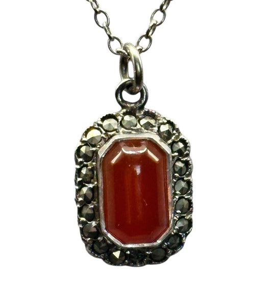 Vintage Sterling Silver Marcasite Carnelian Pendant Necklace