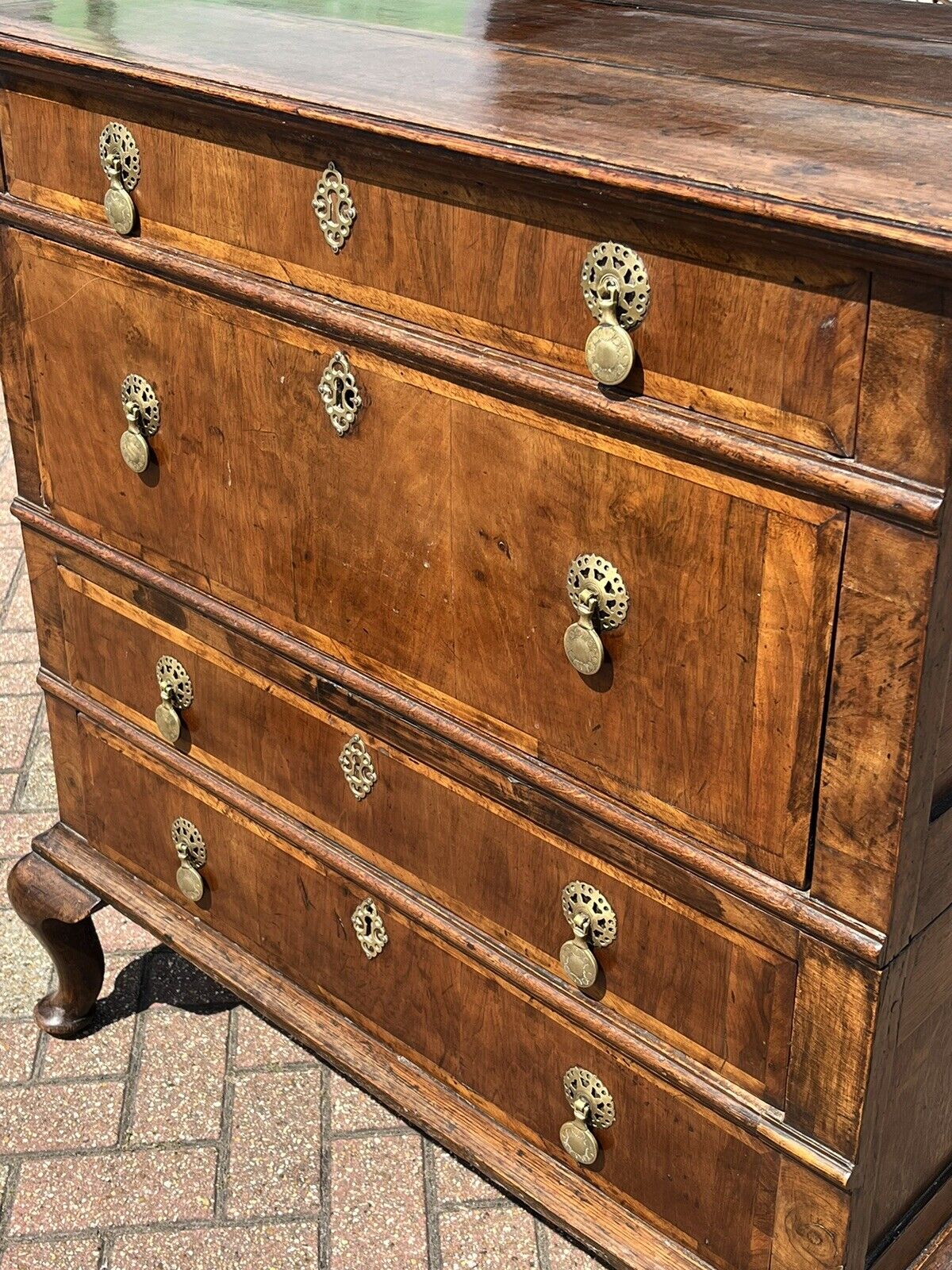 George II Provincial Walnut Chest Of Drawers. Brass Handles. Splits In 2 Pieces.