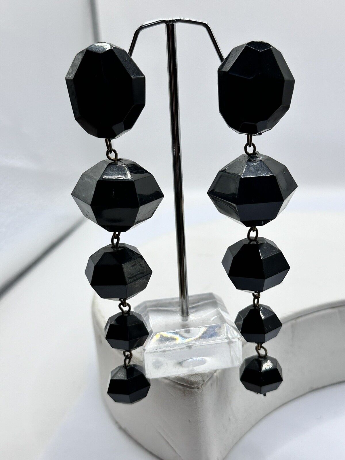 Vintage Black Acrylic Long Drop Clip On Earrings