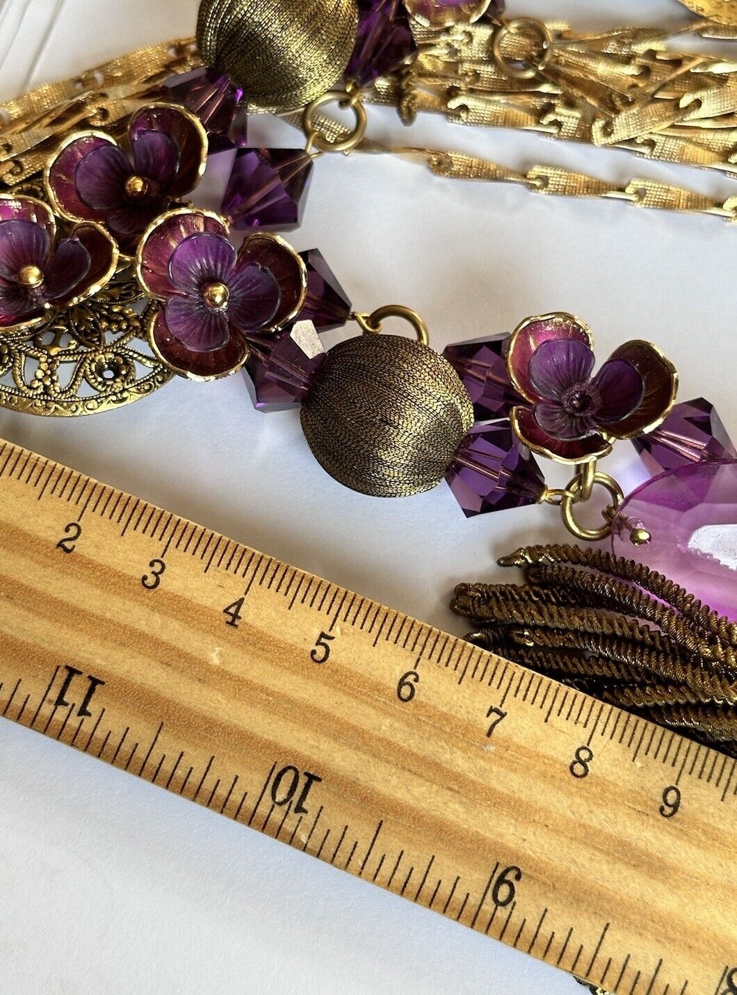 Vintage Runway Statement Acrylic Purple Pink Flowers Beaded Long Length Necklace