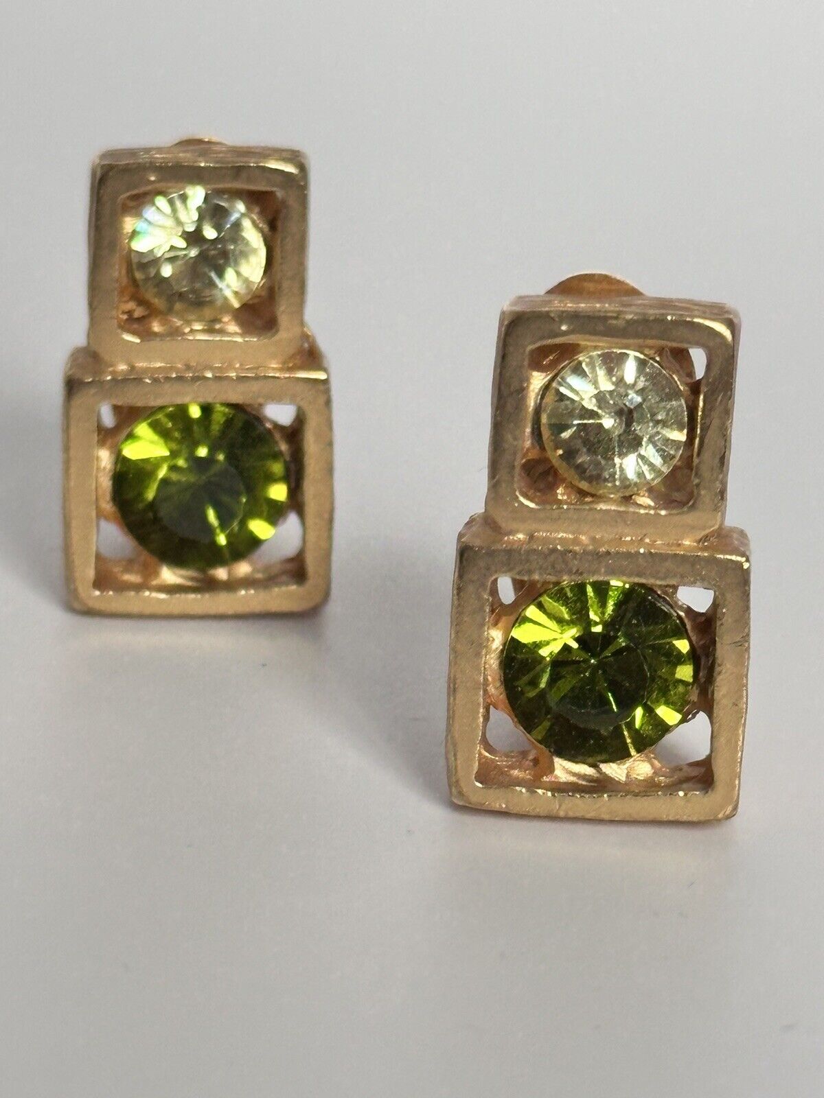 Vintage Gold Tone Green Diamantés Clip On Earrings