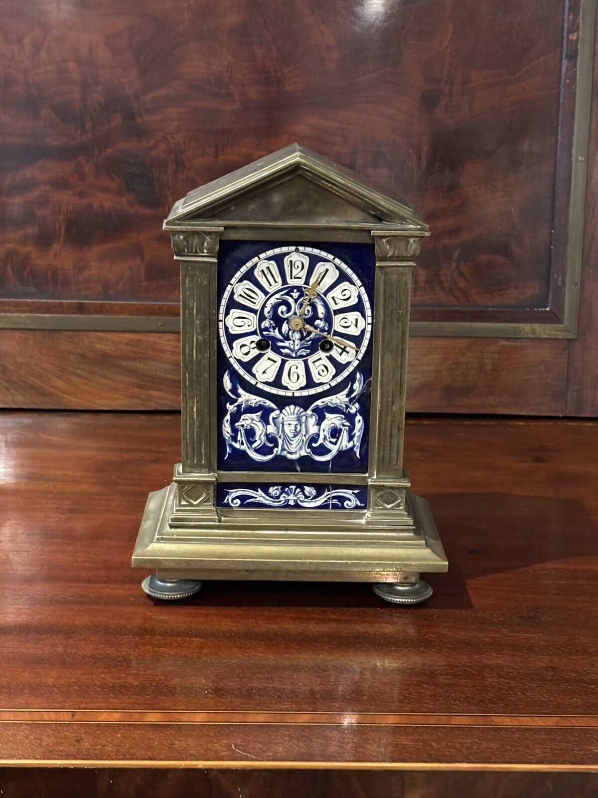 French Architectural Antique Brass Clock With Painted Panels, Chines On A Bell