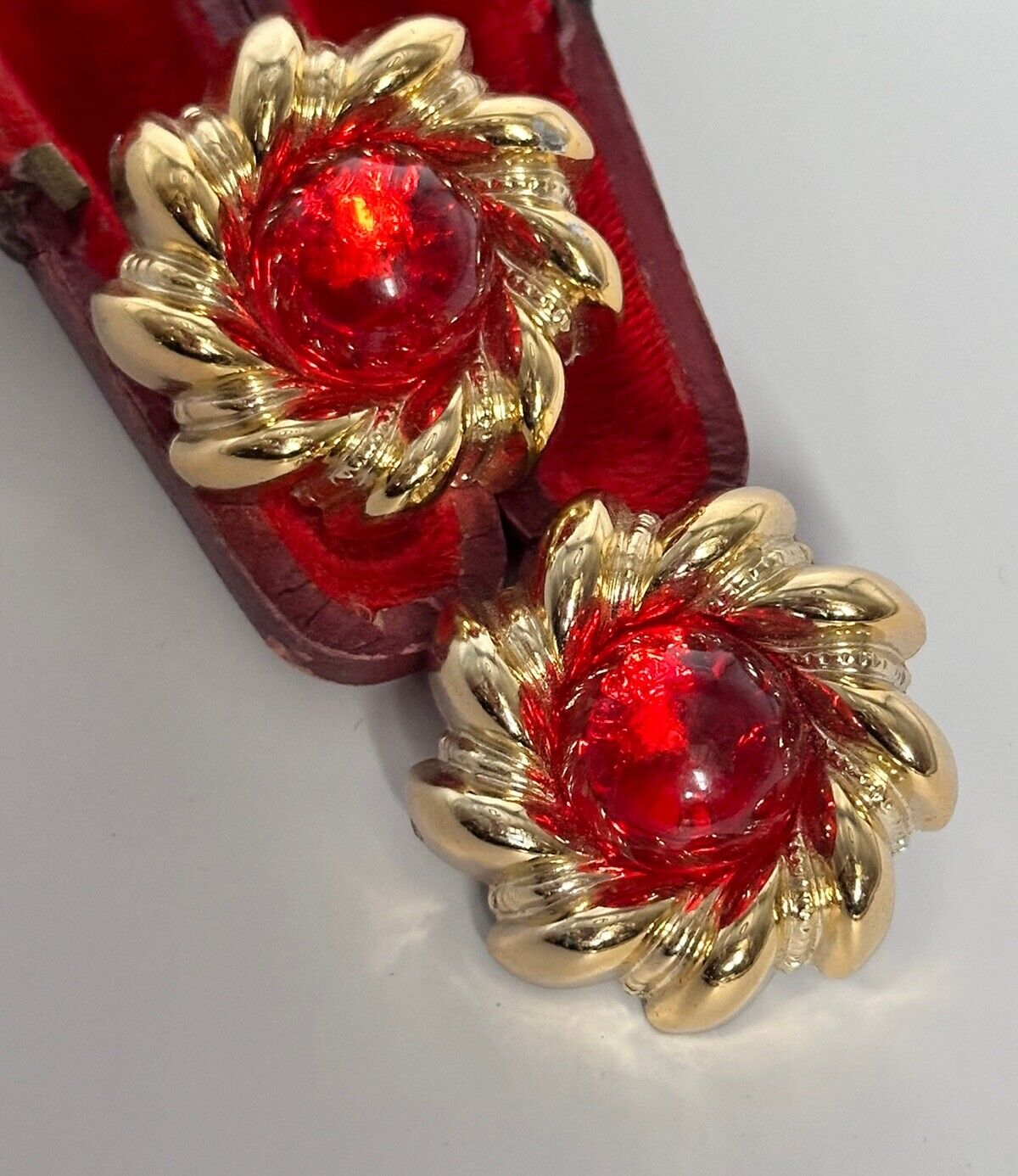 Vintage 1980s Gold Red Acrylic Clip On Earrings