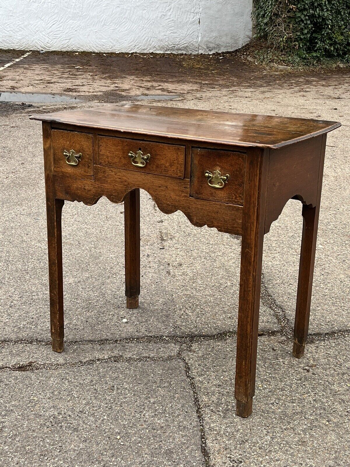 Early Georgian Oak Lowboy With Brass Handles. Make Great Hall Or Console Table