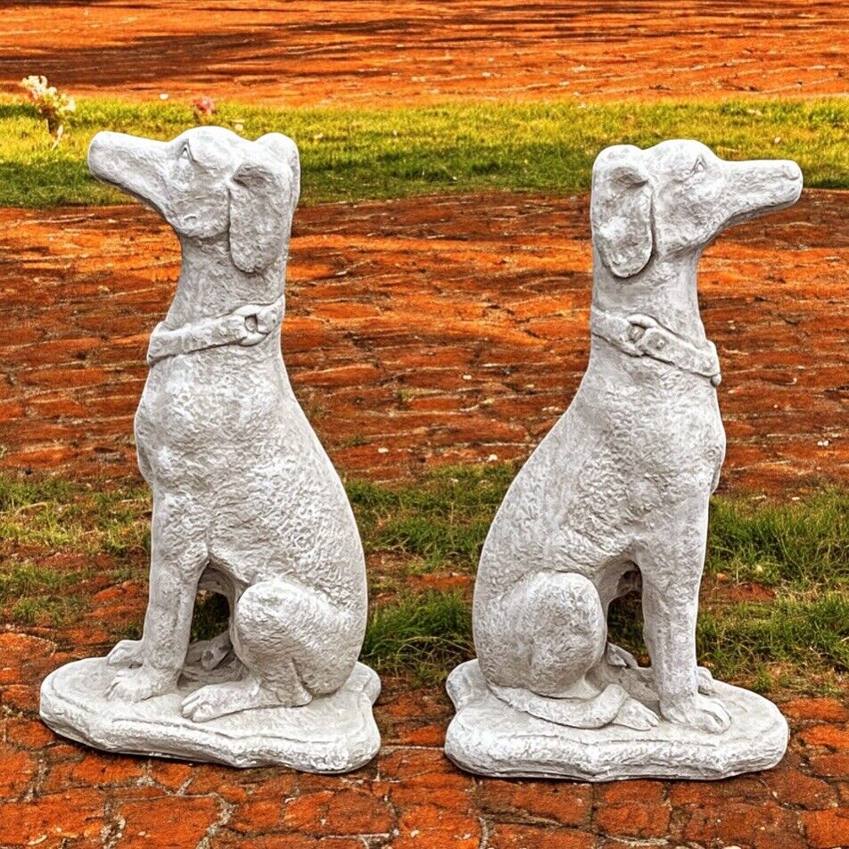 Life Size Pair Of Garden Seated Dog Statues, Great Look. Very Heavy.