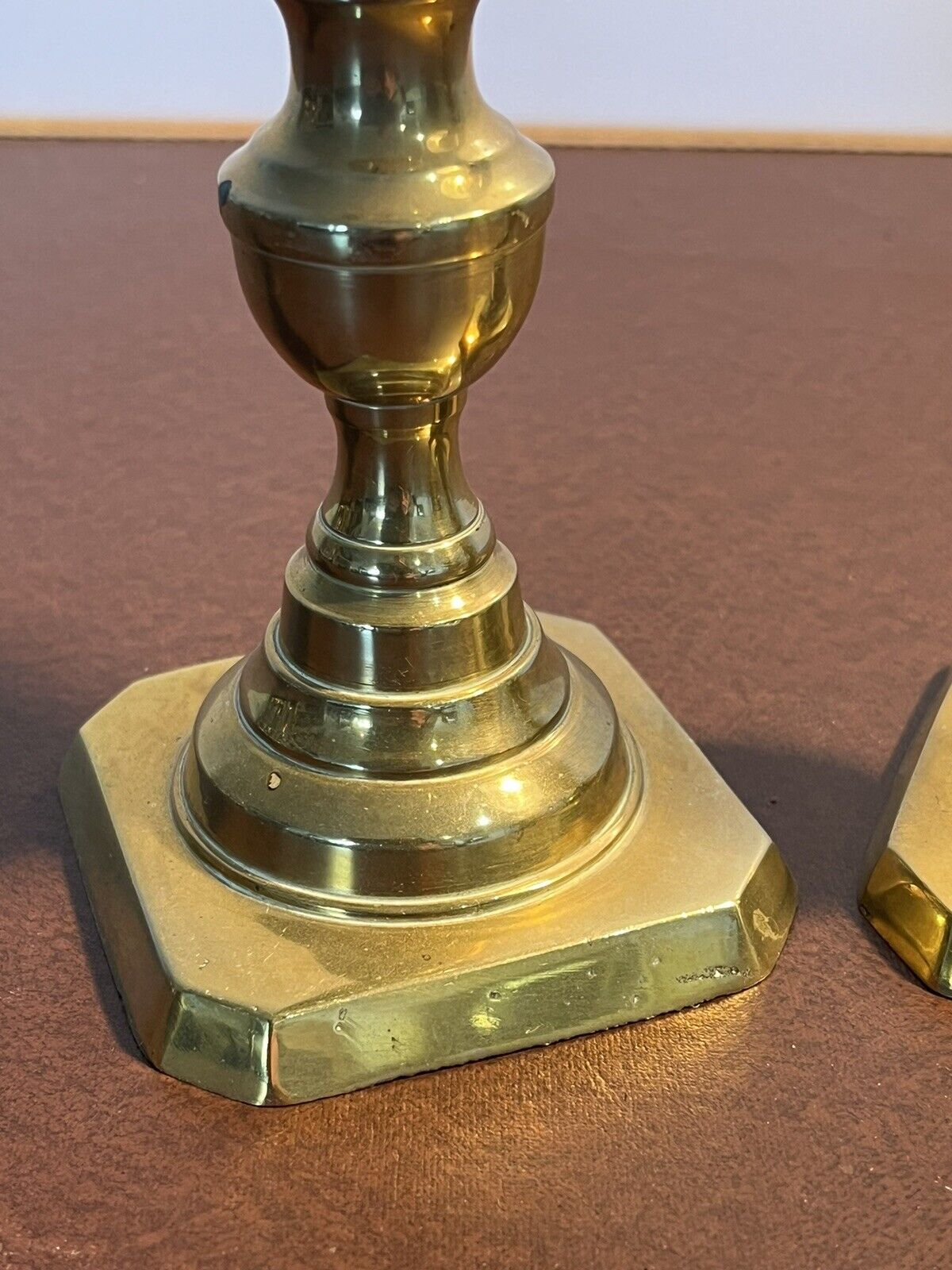 Antique Brass Candlesticks. 19.5 cms tall.