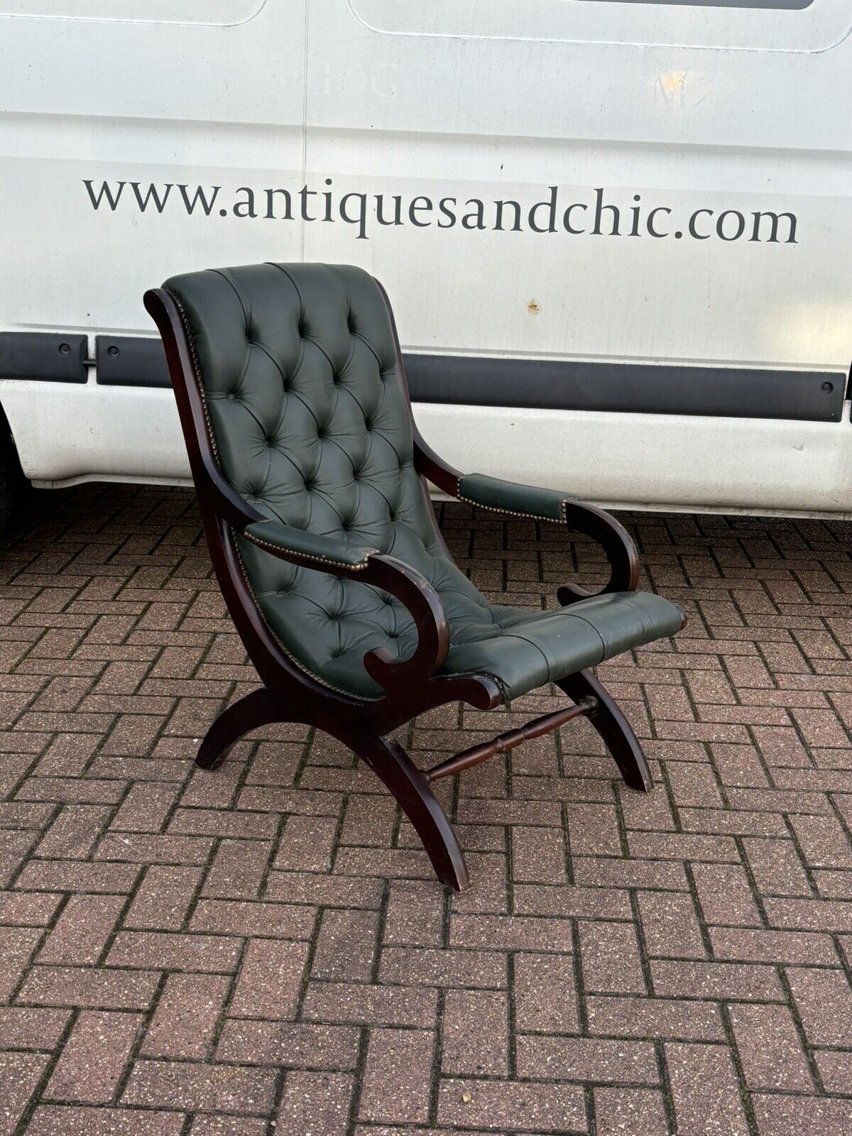 Green Leather Buttoned Back Armchair. Slipper Chair/ Reading Chair