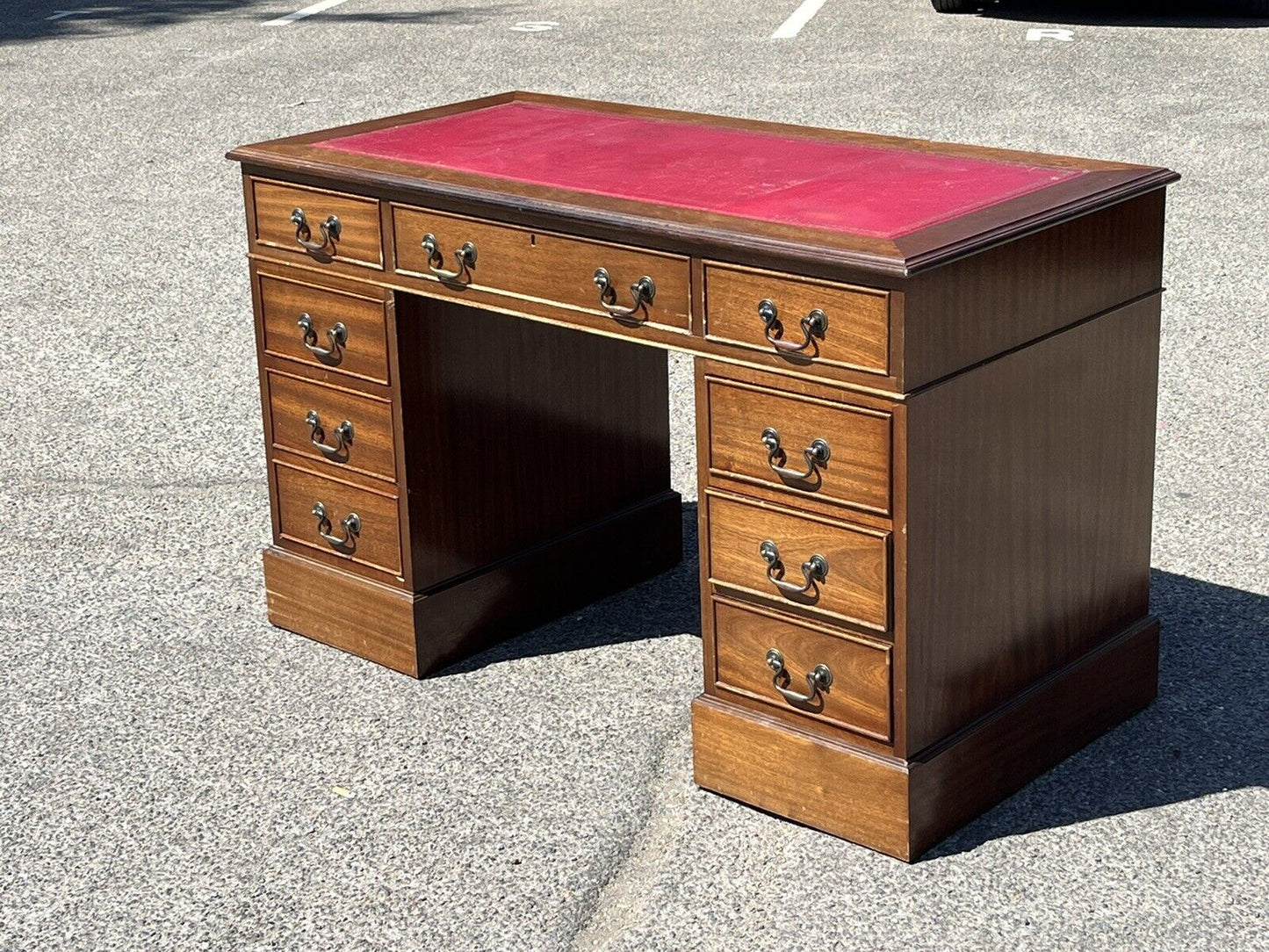 Pedestal Desk With Red Leather Top. Splits In 3 Pieces For Easier Transportation