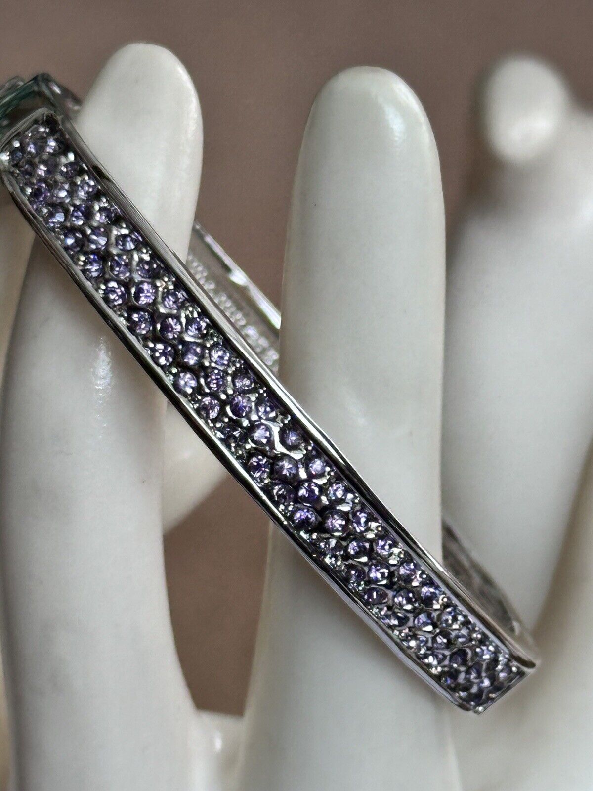 Vintage 1980s Rhodium Plated Purple Diamanté Hinged Cuff Bracelet New Old Stock