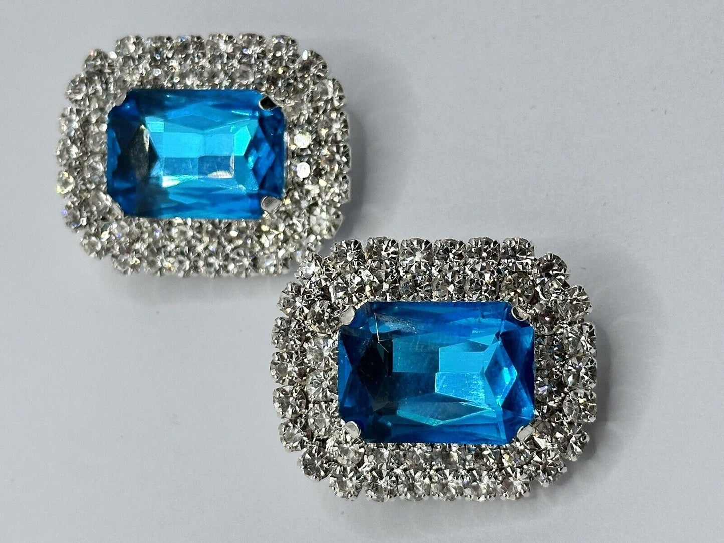 Vintage Silver Tone Blue Diamanté Statement Clip On Earrings