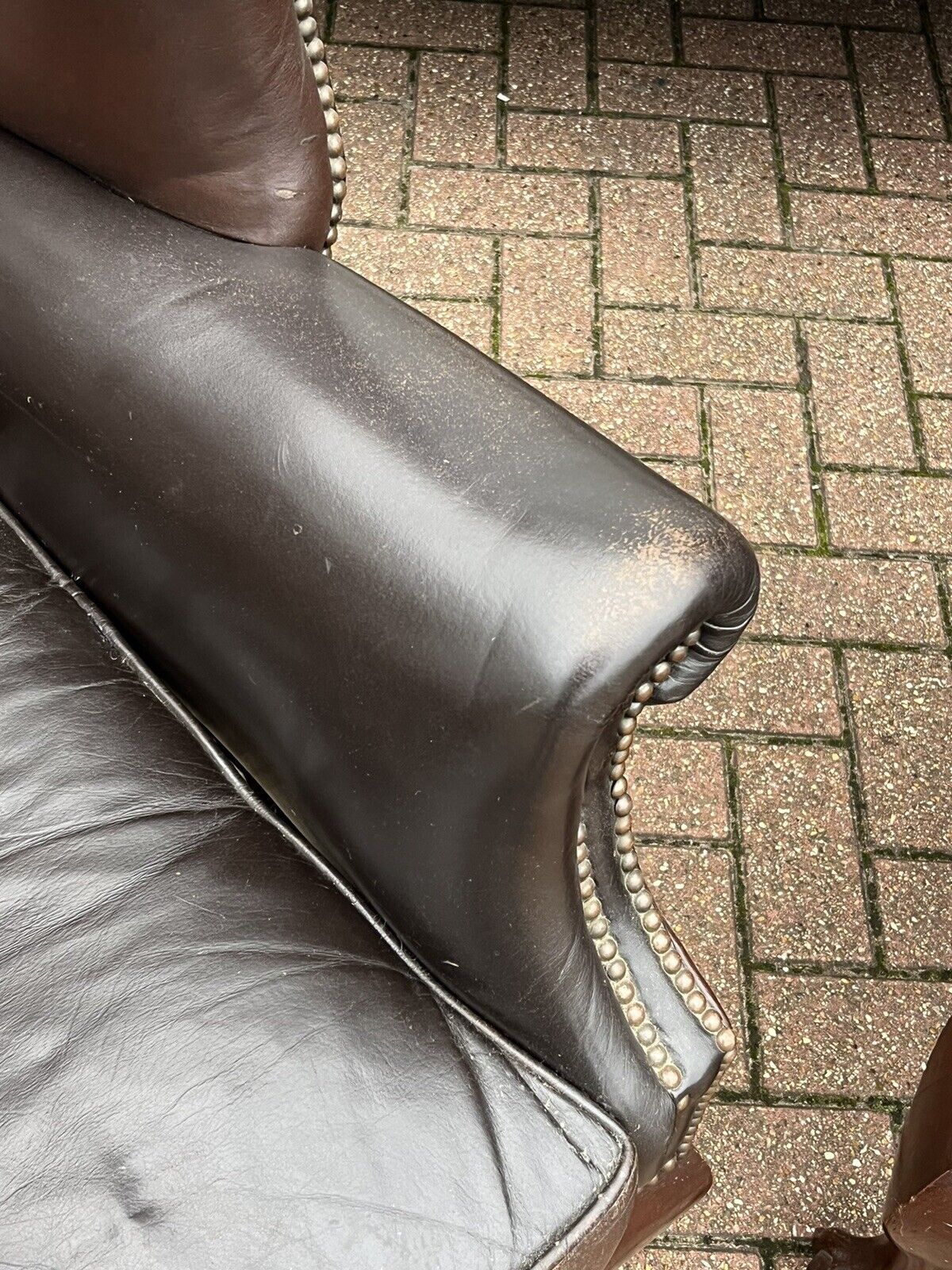 Pair Of Brown Leather Armchairs. Good Quality, Buttoned Backs.