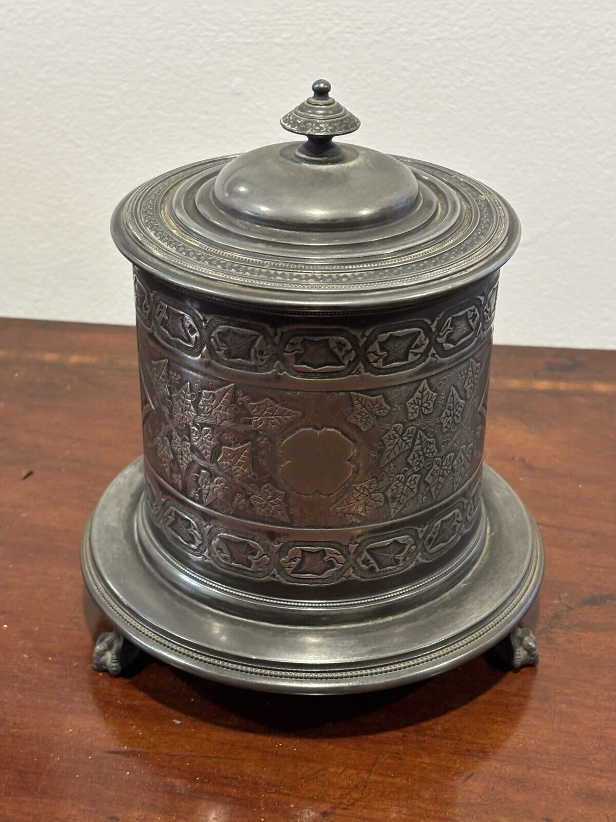 Victorian English Pewter Biscuit Barrel. Large In Size.