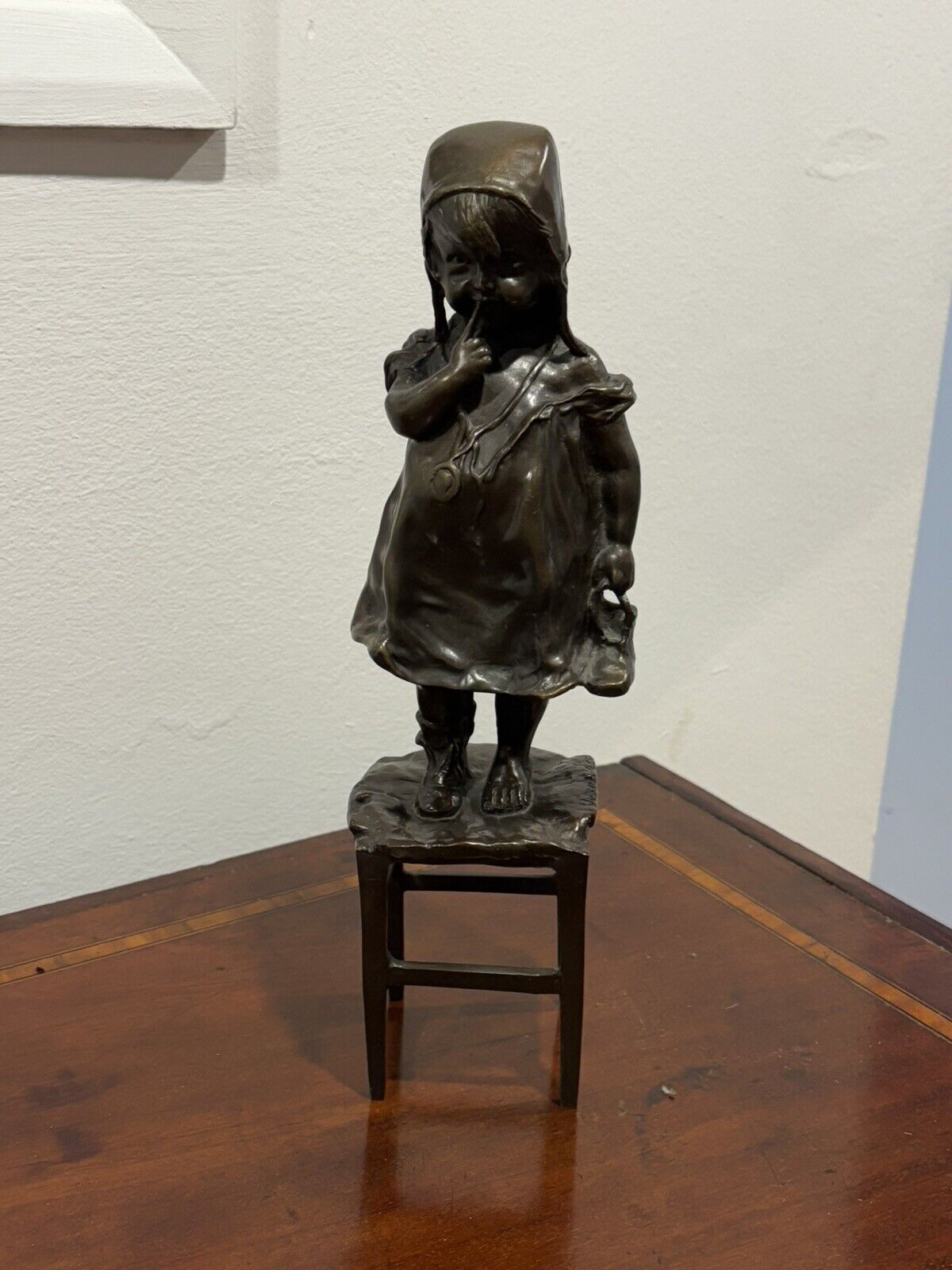 Bronze Girl Standing On A Chair, Signed To Base.