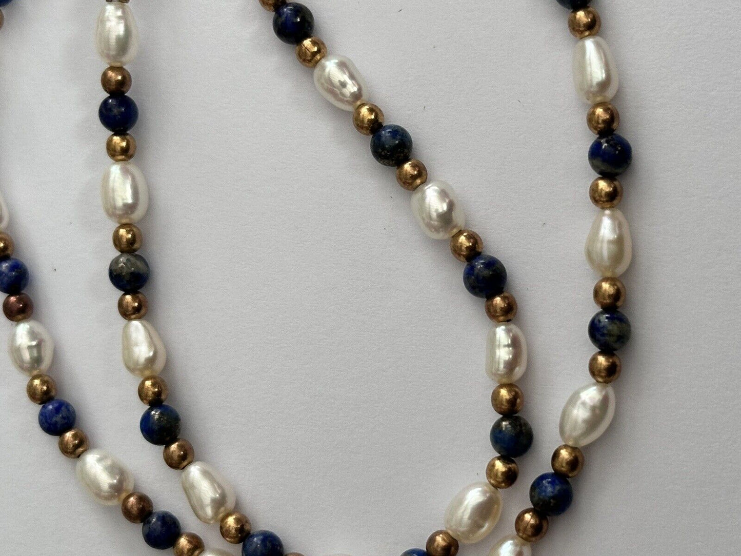 Vintage 1980s Gold Plated Pearl Lapis Lazuli Beaded Necklace