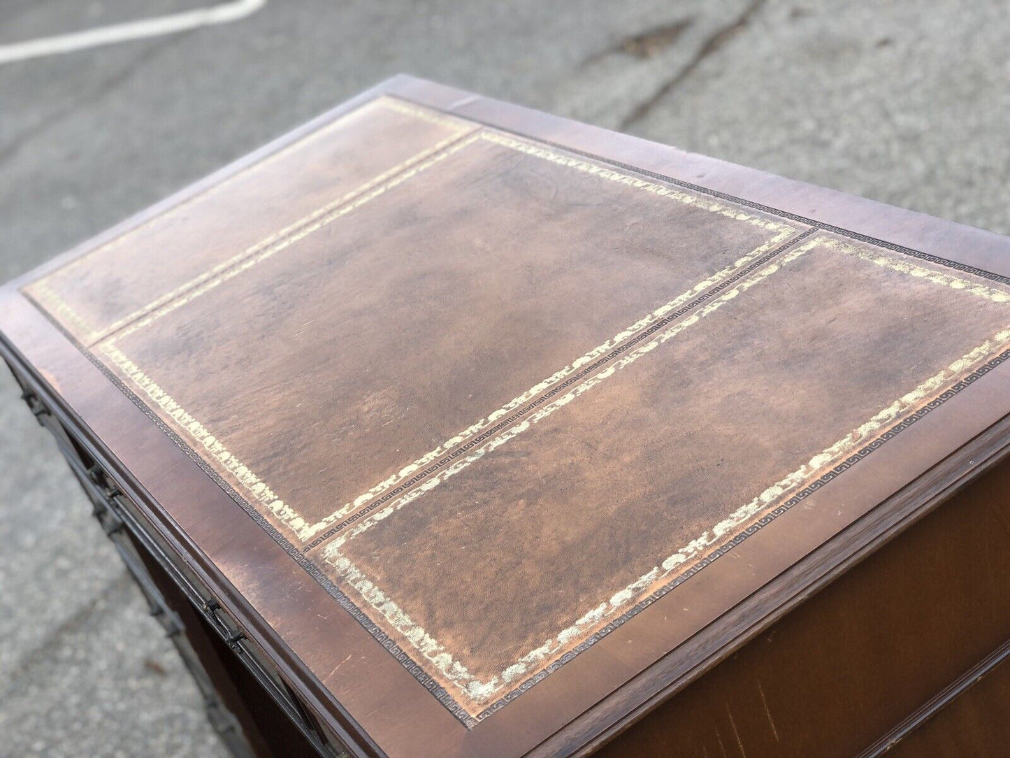 Pedestal Desk With Tan Leather Top.