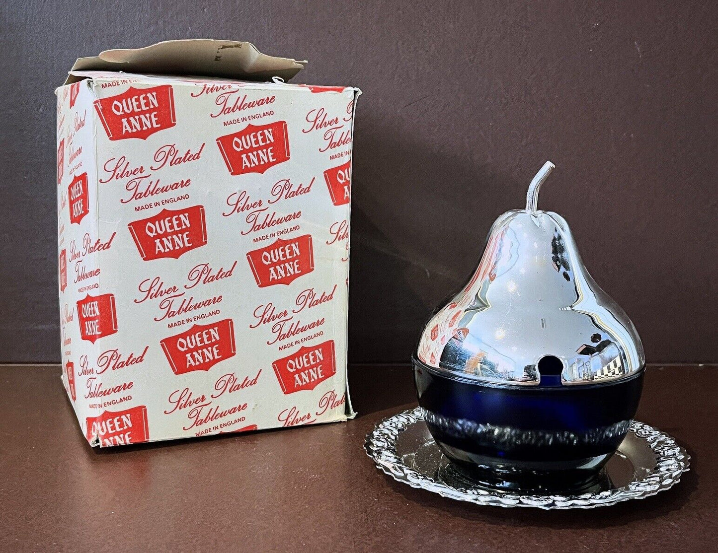 Silver Plate Honey Pot In The Shape Of A Pear, 1950's With Original Box