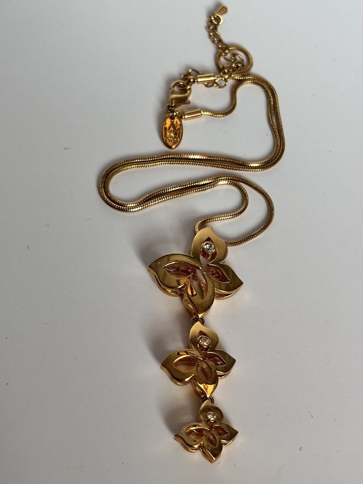 Vintage 1980s Gold Plated Butterflies Diamanté Drop Necklace