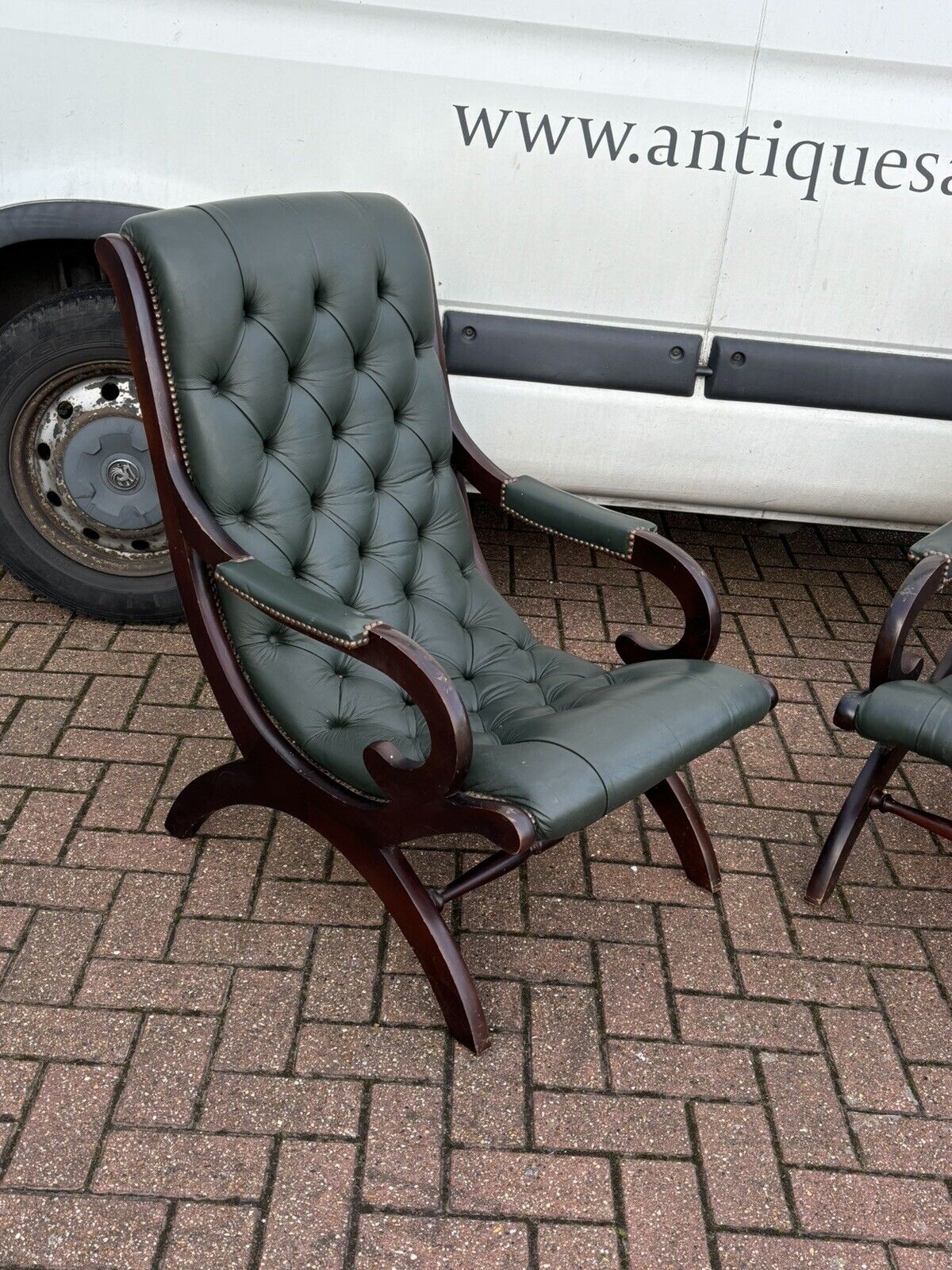 Pair Of Green Leather Buttoned Back Armchairs. Slipper Chairs/ Reading Chairs