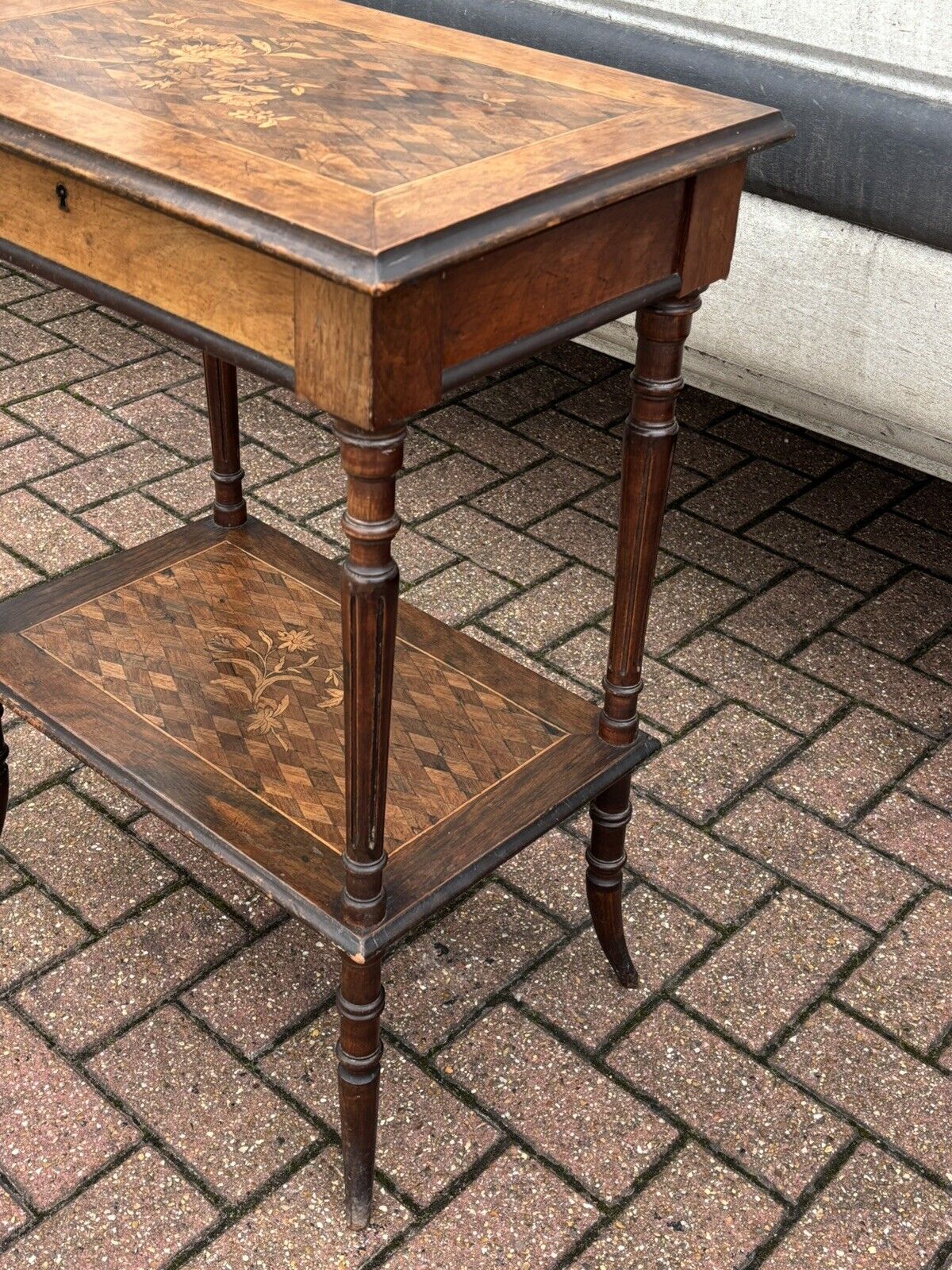 Antique Marquetry Dressing Cabinet With Silver Grooming Set, English Hallmarks