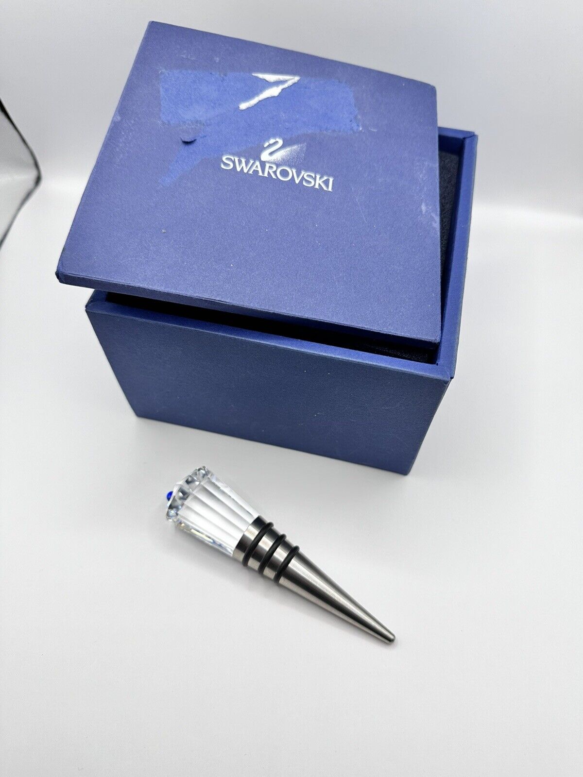 Genuine Swarovski Swan Signed Bottle Stopper Sapphire Boxed