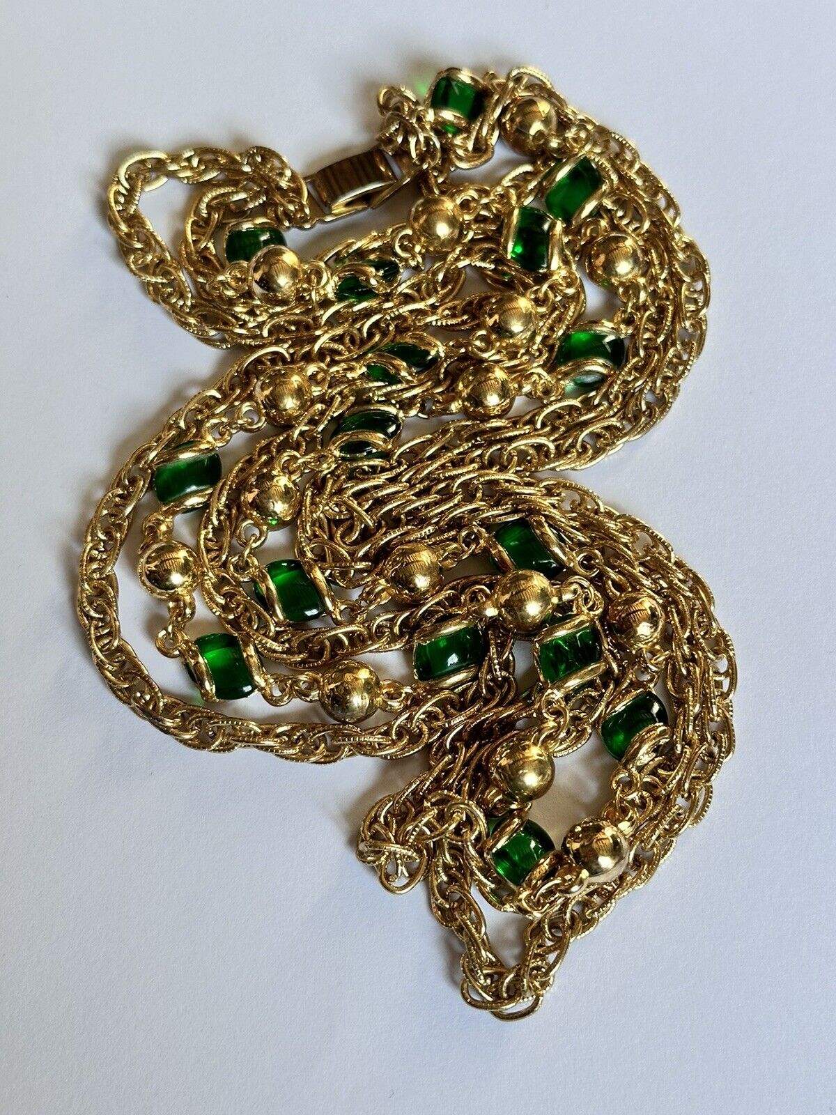 Vintage Gold Plated Triple Strand Green Glass Substantial Necklace