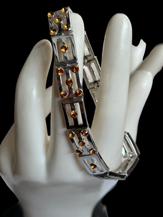 Vintage 1980s Rhodium Plated Orange Diamanté Bracelet New Old Stock