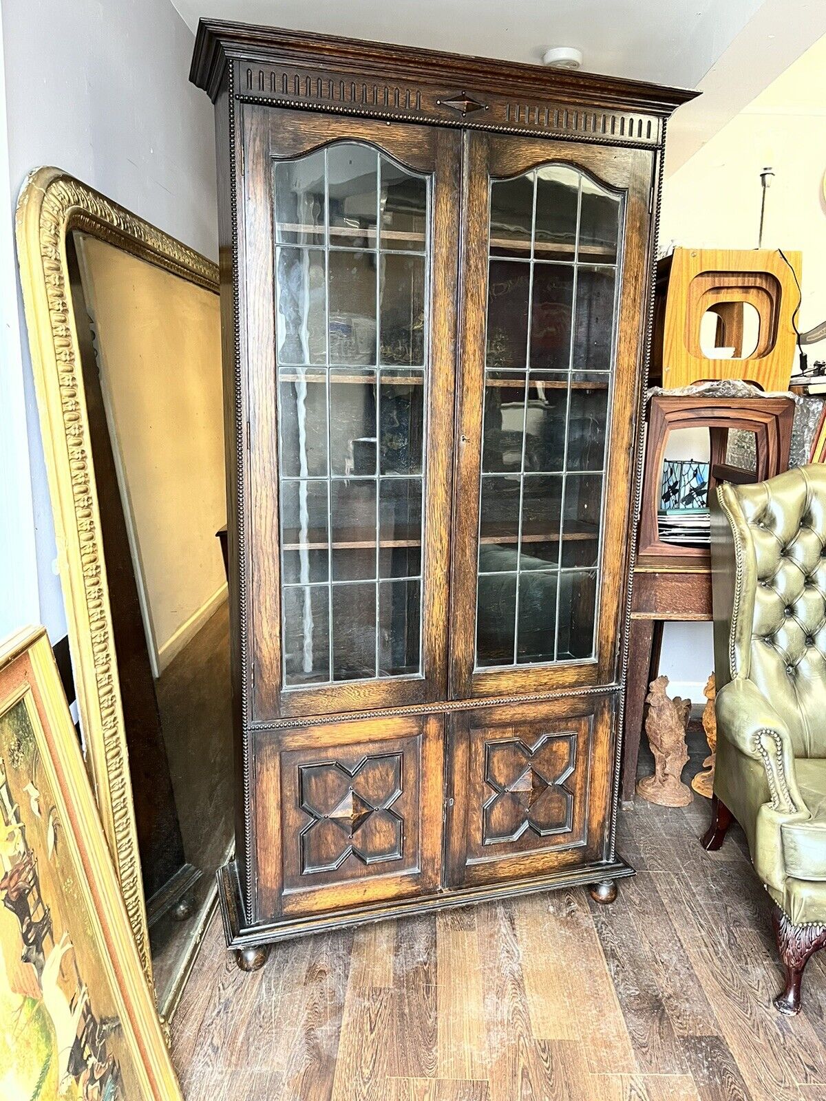 Edwardian Oak Bookcase , Adjustable Shelves, Lead light Glazing. Key & Locking.