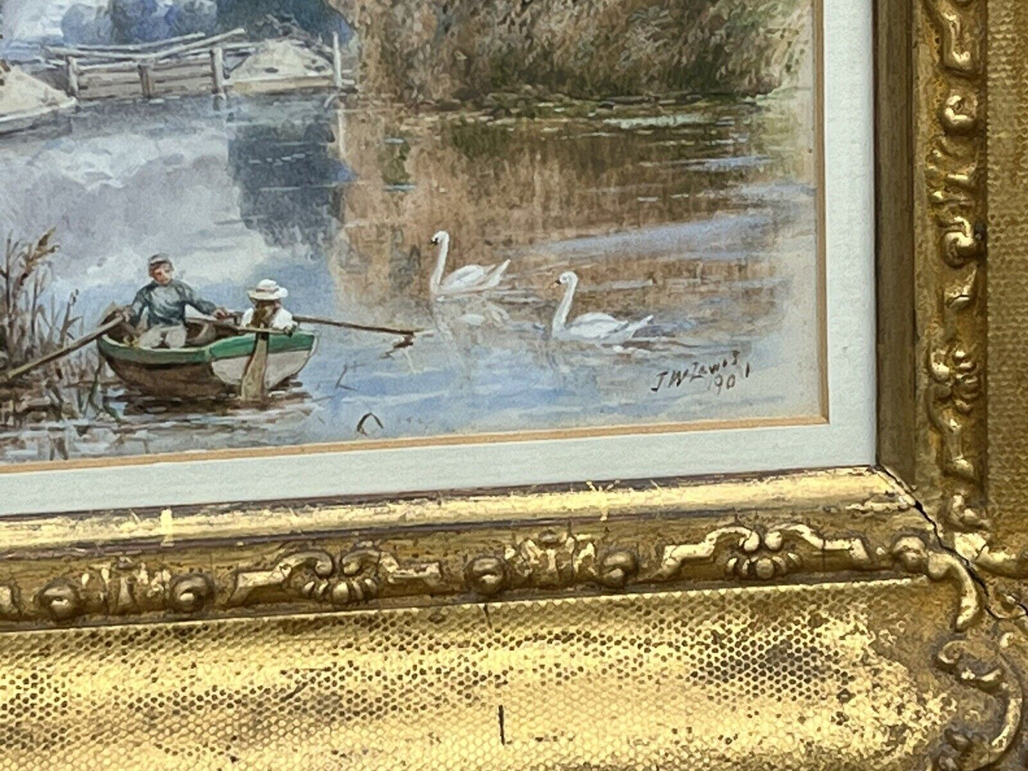 Victorian English School Gilt Framed Watercolour By J W Lewis 1901 “Boating”