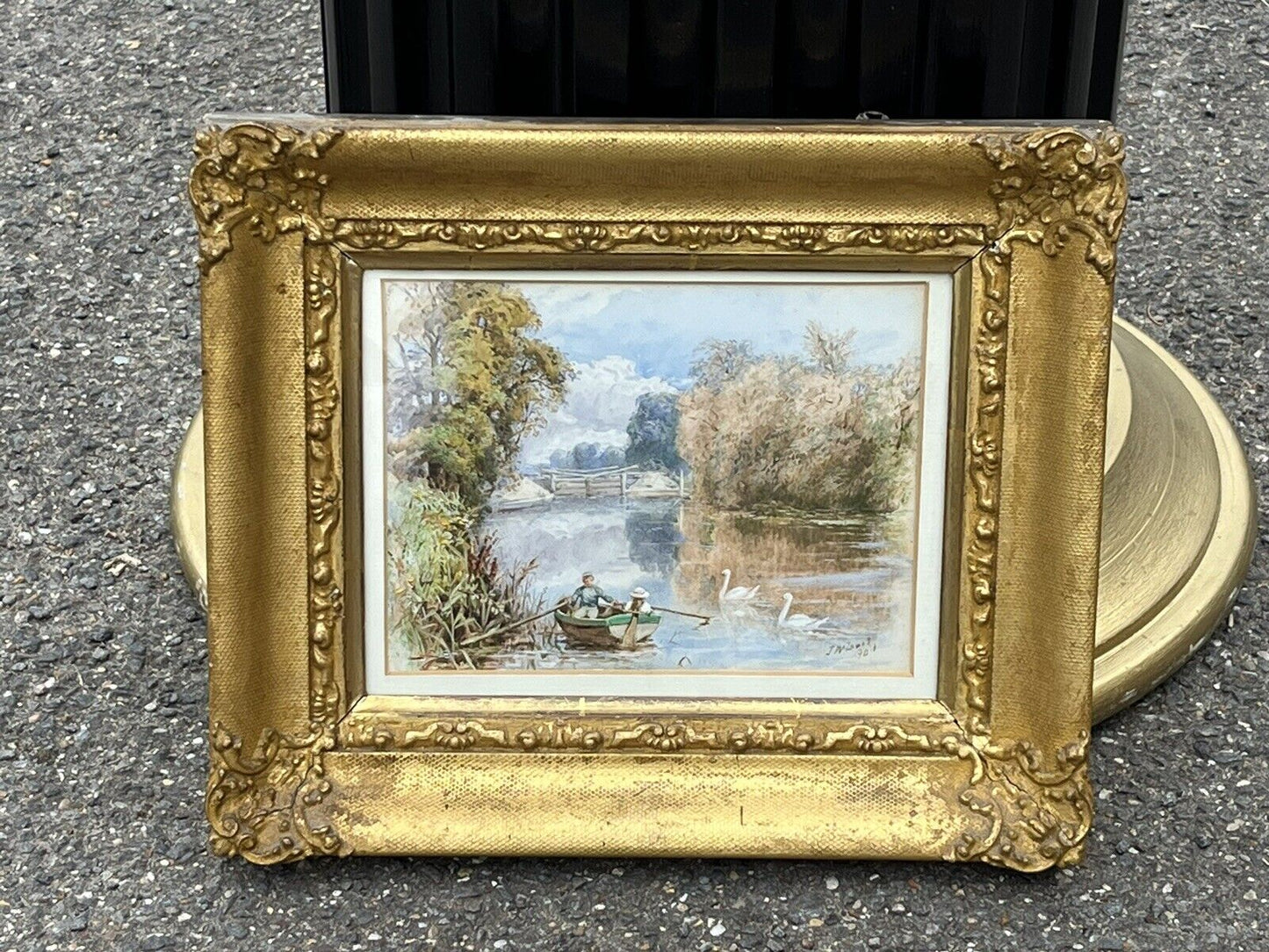 Victorian English School Gilt Framed Watercolour By J W Lewis 1901 “Boating”