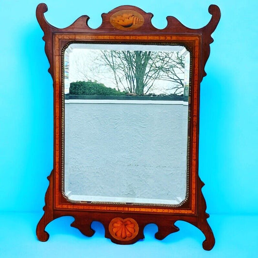 Edwardian Sheraton Revival Inlaid Mahogany Wall Mirror. Bevelled Edge Mirror