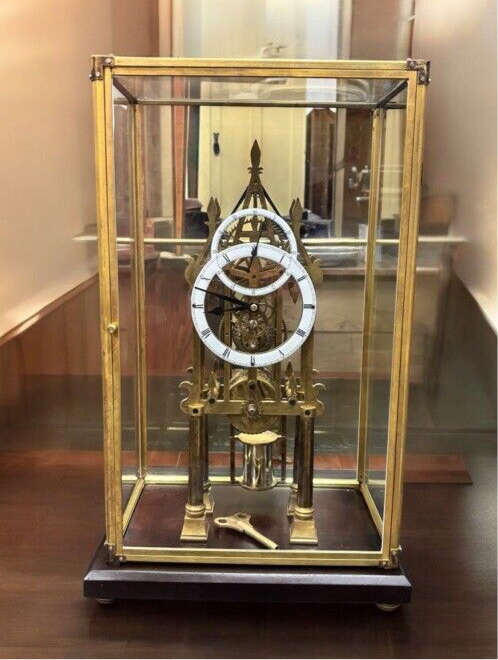 Large Chain Fusee Cathedral Skeleton Clock With Case And Key.