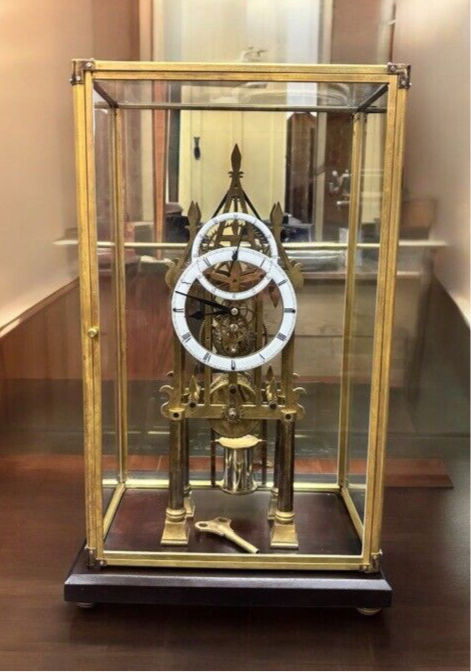 Large Chain Fusee Cathedral Skeleton Clock With Case And Key.