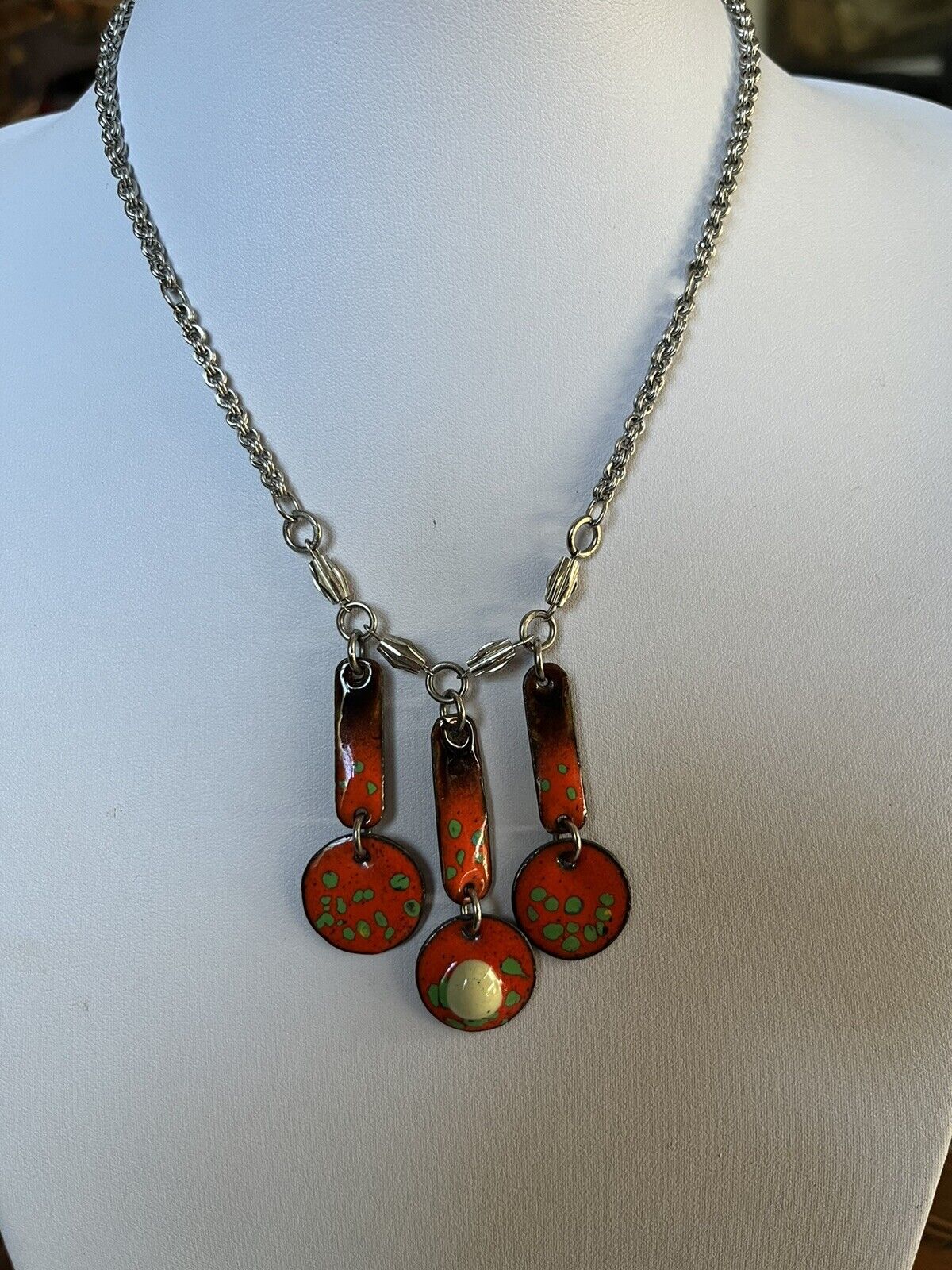 Vintage Red Orange Enamel Triple Drop Necklace